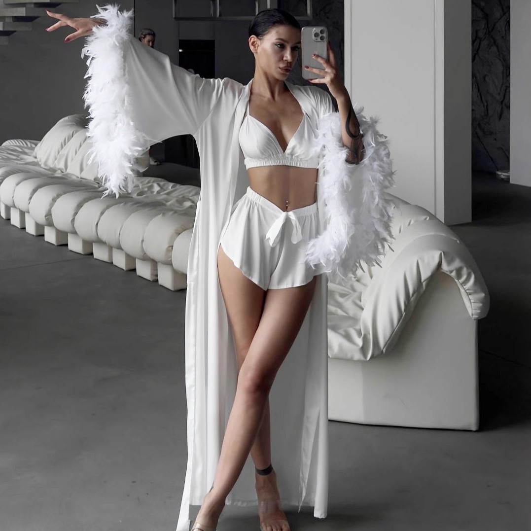 Bathrobe - 3点セット フェザートリムローブ 欧米風 長袖 春のホームラウンジウェア 秋のホテル用バスローブ